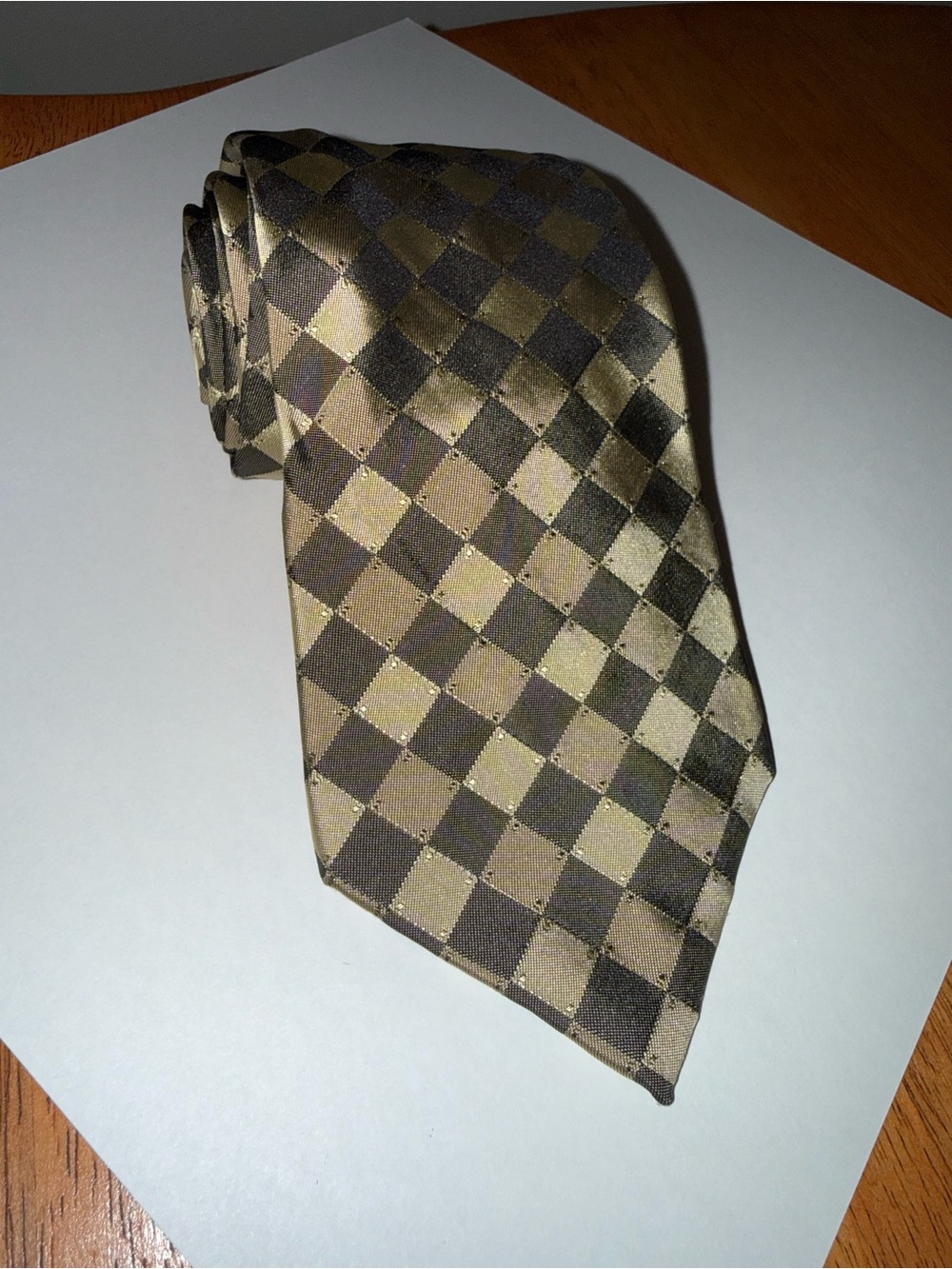 Hermes olive green and Gold Checkerboard Silk Tie